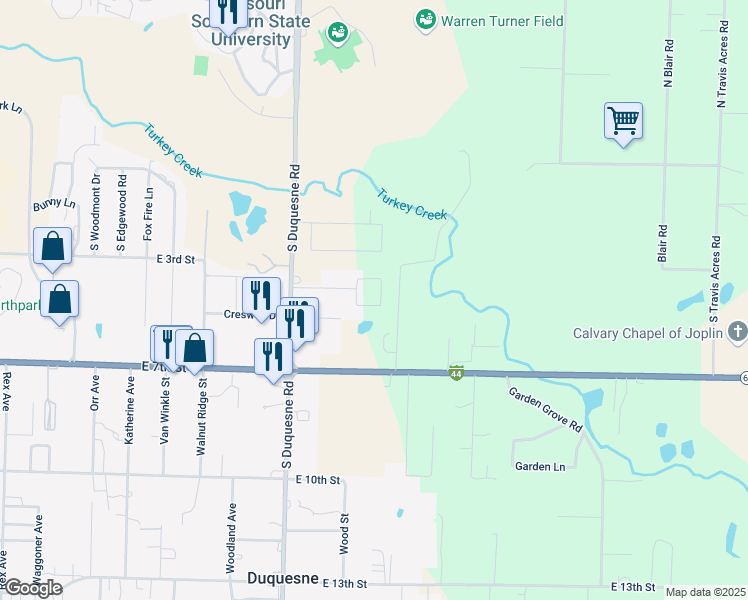 map of restaurants, bars, coffee shops, grocery stores, and more near 4213 University Circle in Joplin