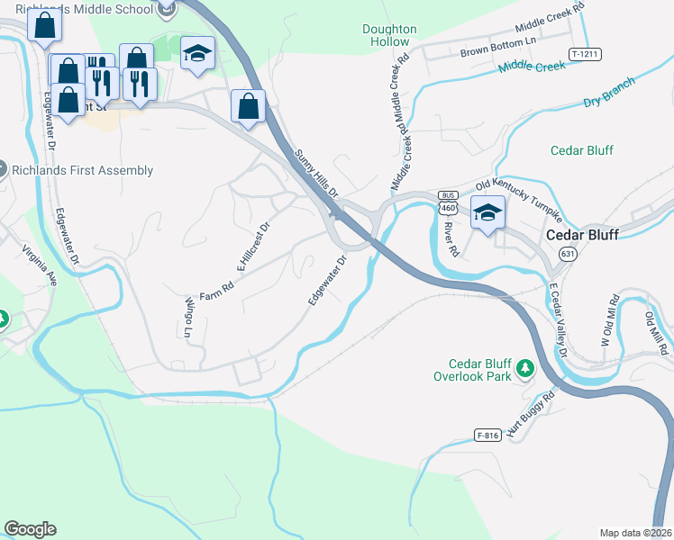 map of restaurants, bars, coffee shops, grocery stores, and more near 144 Edgewater Drive in Cedar Bluff