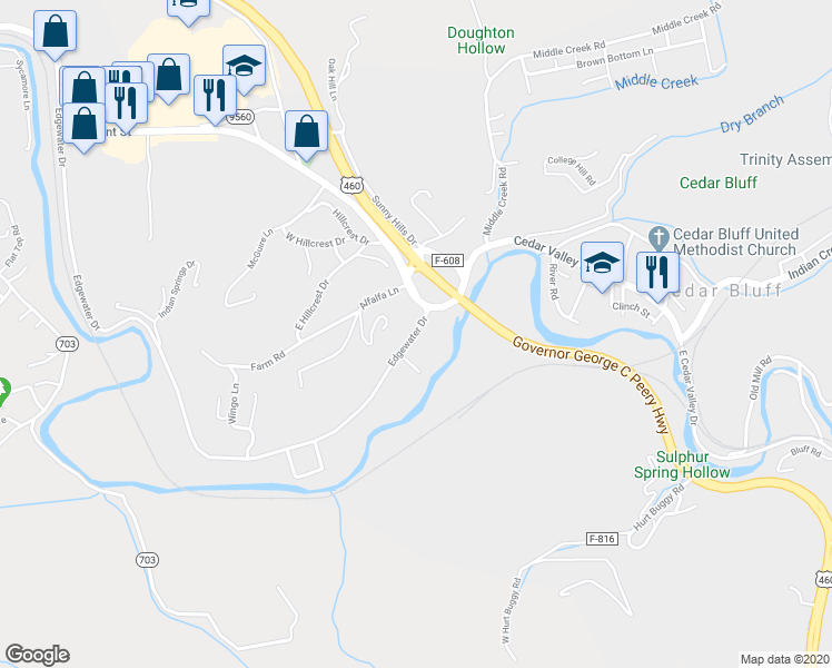 map of restaurants, bars, coffee shops, grocery stores, and more near 125 Edgewater Drive in Cedar Bluff