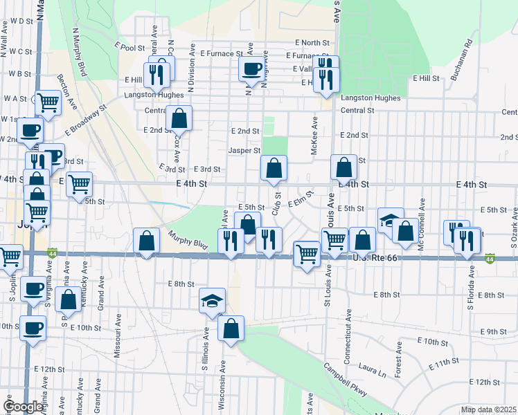 map of restaurants, bars, coffee shops, grocery stores, and more near South High Avenue in Joplin