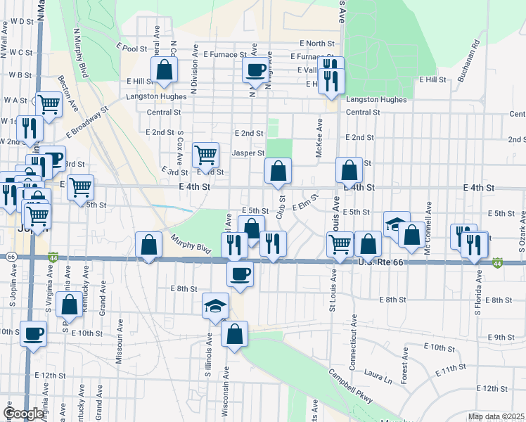map of restaurants, bars, coffee shops, grocery stores, and more near South High Avenue in Joplin