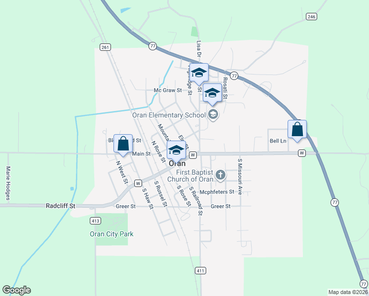 map of restaurants, bars, coffee shops, grocery stores, and more near 1100 State Highway W in Oran
