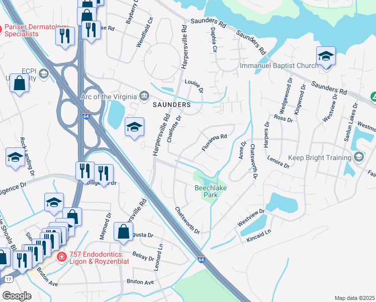 map of restaurants, bars, coffee shops, grocery stores, and more near 908 Chatsworth Drive in Newport News