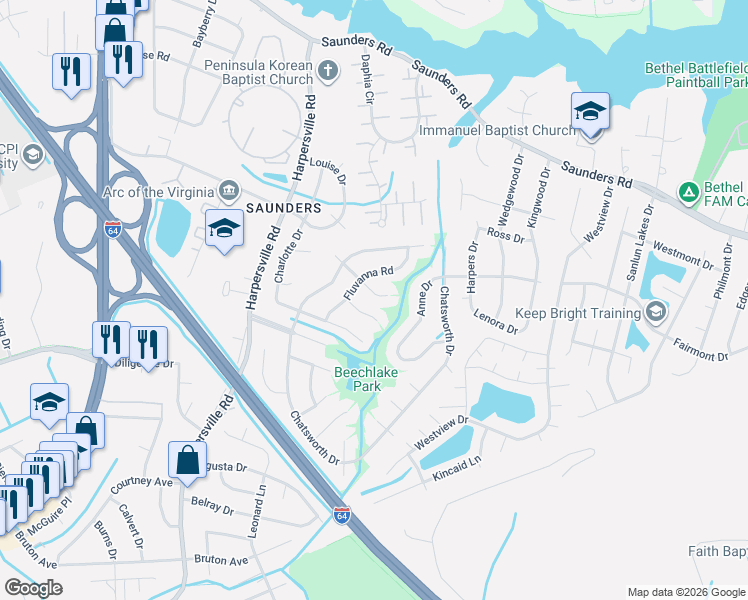 map of restaurants, bars, coffee shops, grocery stores, and more near 227 Brunswick Place in Newport News