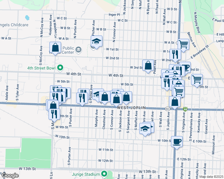 map of restaurants, bars, coffee shops, grocery stores, and more near 825 West 6th Street in Joplin