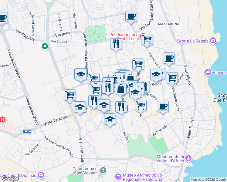 map of restaurants, bars, coffee shops, grocery stores, and more near 94 Viale Zecchino in Siracusa