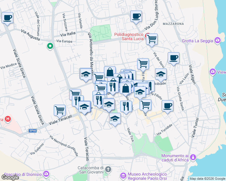 map of restaurants, bars, coffee shops, grocery stores, and more near 30 Via Ignazio Marabitti in Siracusa