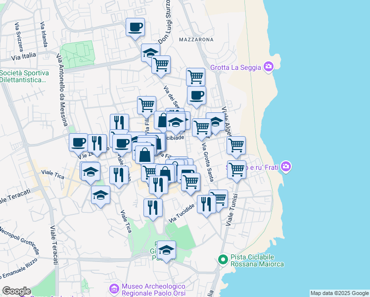 map of restaurants, bars, coffee shops, grocery stores, and more near Via dei Servi di Maria in Syracuse
