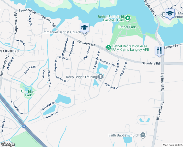 map of restaurants, bars, coffee shops, grocery stores, and more near 42 Sanlun Lakes Drive in Hampton