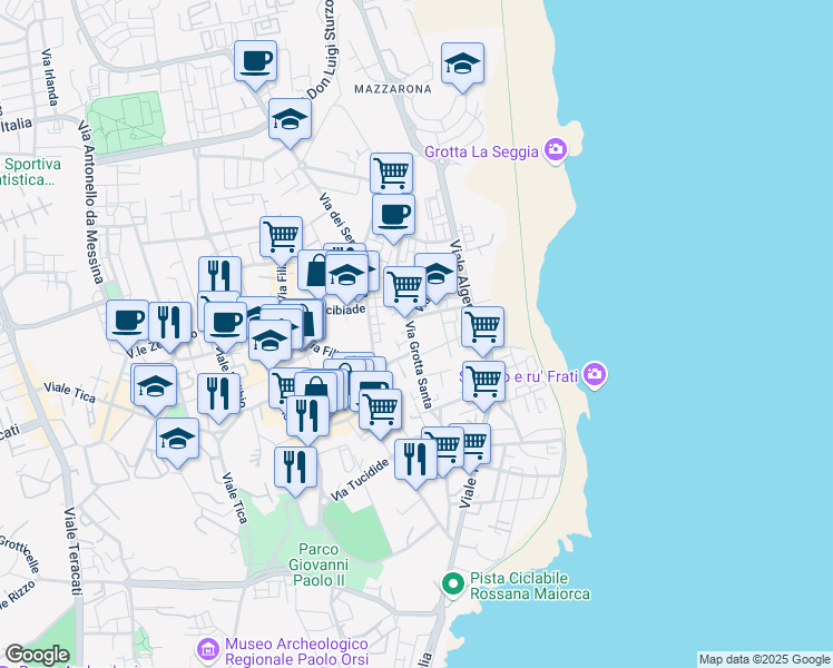 map of restaurants, bars, coffee shops, grocery stores, and more near Via Grottasanta in Syracuse