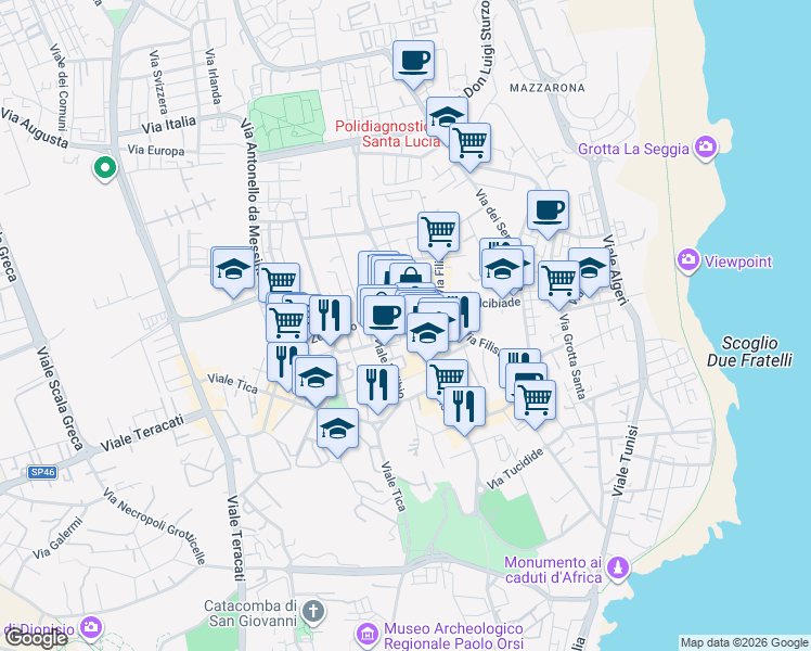 map of restaurants, bars, coffee shops, grocery stores, and more near 118 Via Tisia in Siracusa