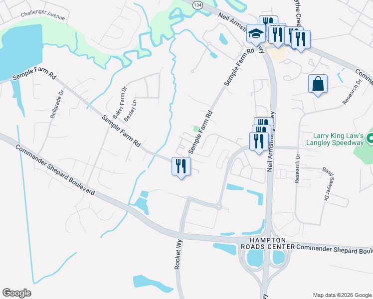 map of restaurants, bars, coffee shops, grocery stores, and more near 130 Semple Farm Road in Hampton