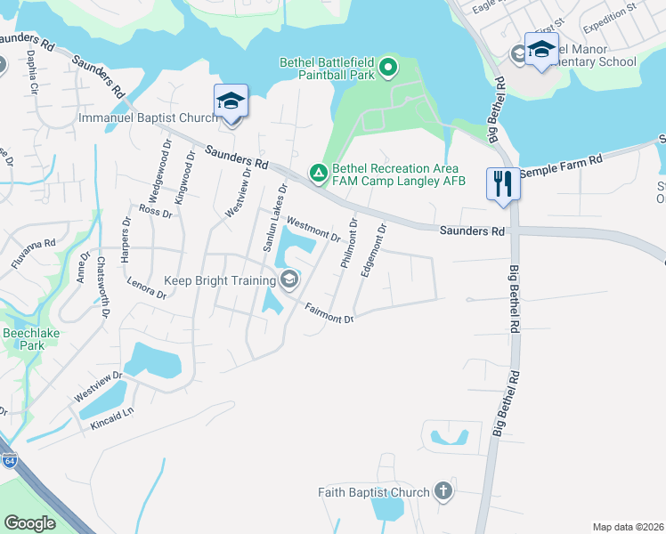 map of restaurants, bars, coffee shops, grocery stores, and more near 23 Philmont Drive in Hampton
