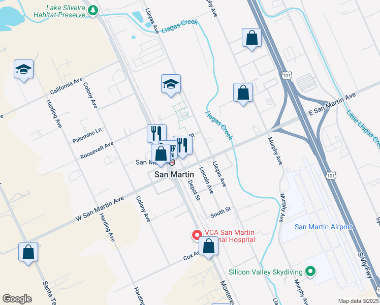 map of restaurants, bars, coffee shops, grocery stores, and more near 13330 Depot Street in San Martin