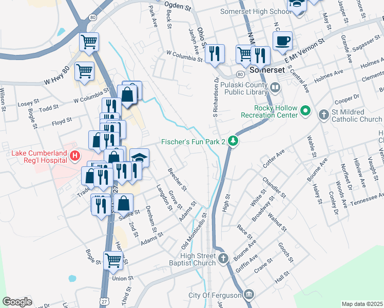 map of restaurants, bars, coffee shops, grocery stores, and more near 300 Pulaski Street in Somerset