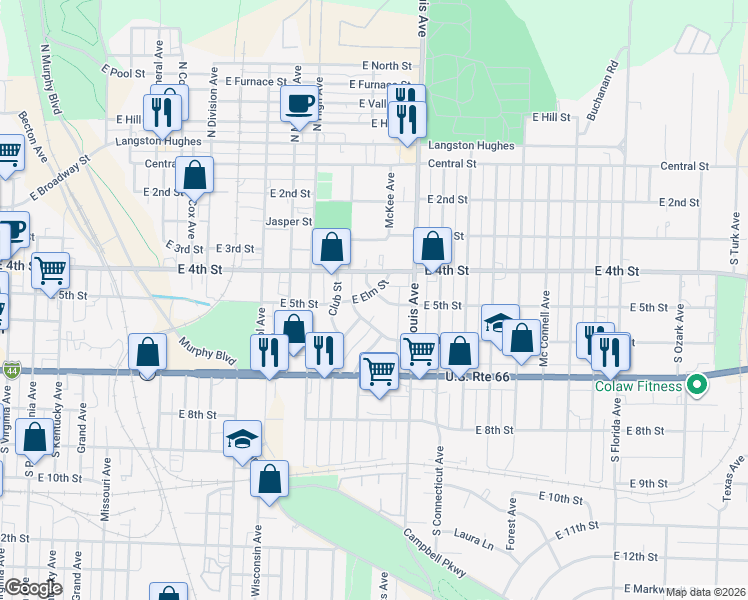 map of restaurants, bars, coffee shops, grocery stores, and more near 1501 East 6th Street in Joplin