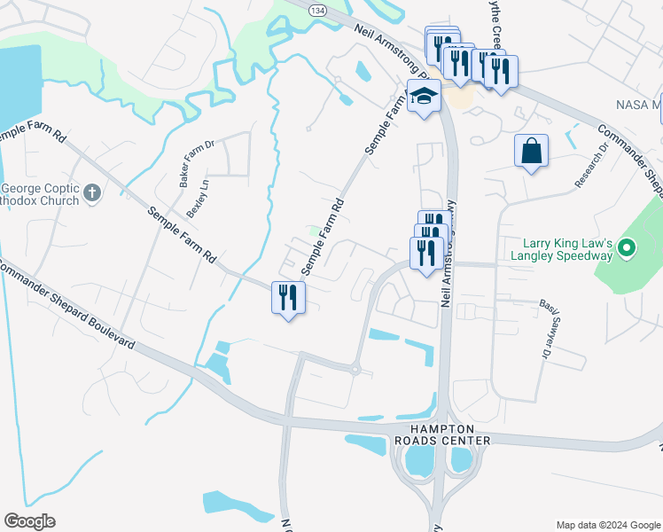 map of restaurants, bars, coffee shops, grocery stores, and more near 167 Corwin Circle in Hampton