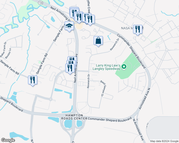 map of restaurants, bars, coffee shops, grocery stores, and more near Floyd Thompson Drive in Hampton
