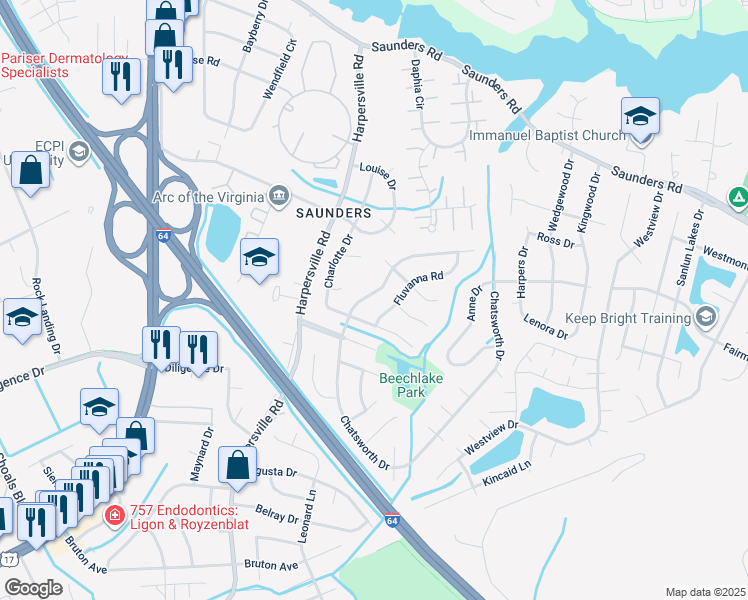 map of restaurants, bars, coffee shops, grocery stores, and more near 904 Fluvanna Road in Newport News
