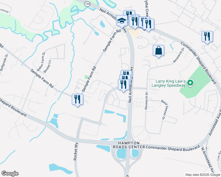 map of restaurants, bars, coffee shops, grocery stores, and more near 7 Antiqua Bay in Hampton