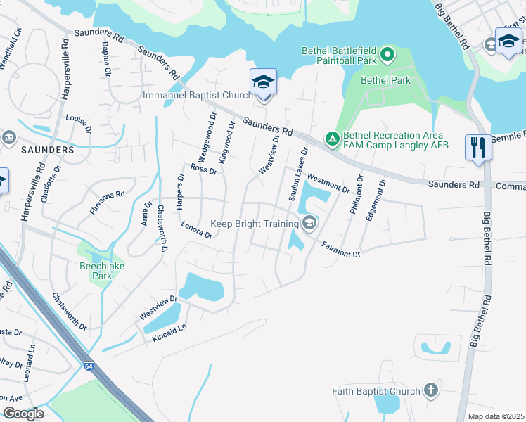 map of restaurants, bars, coffee shops, grocery stores, and more near 3 Natalie Drive in Hampton