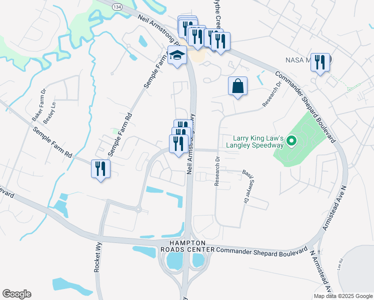 map of restaurants, bars, coffee shops, grocery stores, and more near Floyd Thompson Drive in Hampton