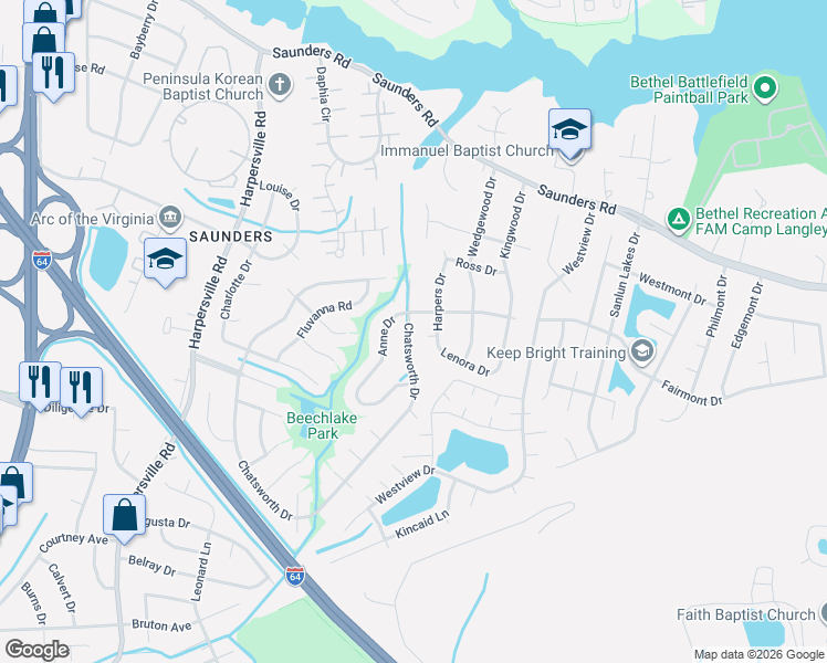 map of restaurants, bars, coffee shops, grocery stores, and more near 718 Chatsworth Drive in Newport News