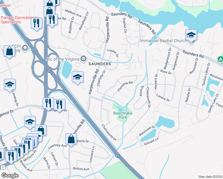 map of restaurants, bars, coffee shops, grocery stores, and more near 904 Fluvanna Road in Newport News