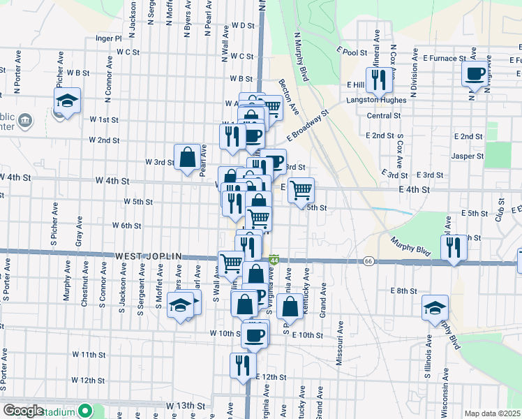 map of restaurants, bars, coffee shops, grocery stores, and more near in Joplin