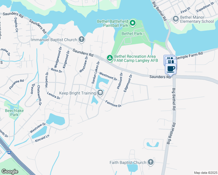 map of restaurants, bars, coffee shops, grocery stores, and more near 4 Waterview Point in Hampton