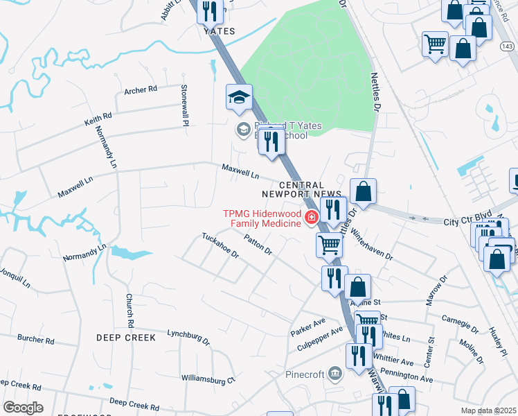 map of restaurants, bars, coffee shops, grocery stores, and more near 14 Quillen Terrace in Newport News