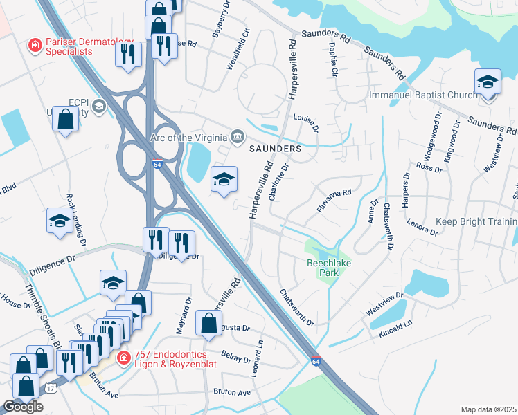 map of restaurants, bars, coffee shops, grocery stores, and more near 860 Harpersville Road in Newport News