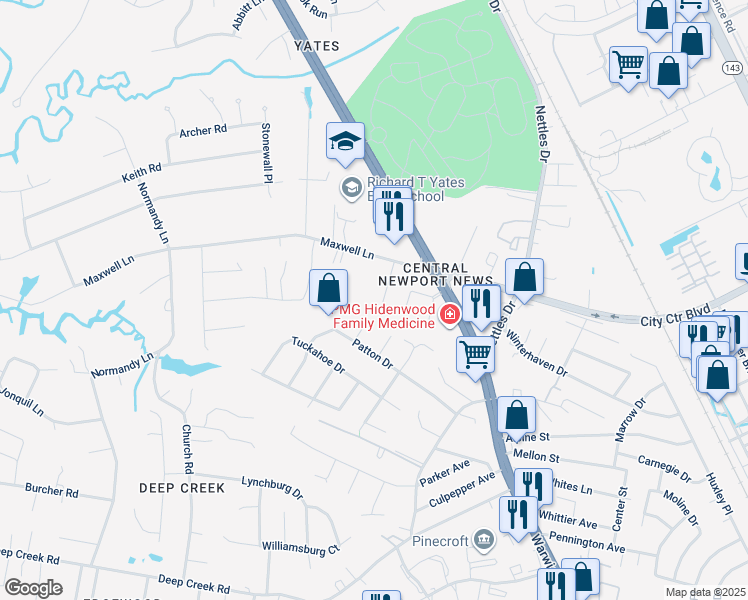 map of restaurants, bars, coffee shops, grocery stores, and more near 14 Quillen Terrace in Newport News