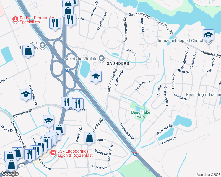 map of restaurants, bars, coffee shops, grocery stores, and more near 860 Harpersville Road in Newport News