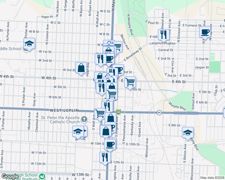 map of restaurants, bars, coffee shops, grocery stores, and more near 501 South Main Street in Joplin
