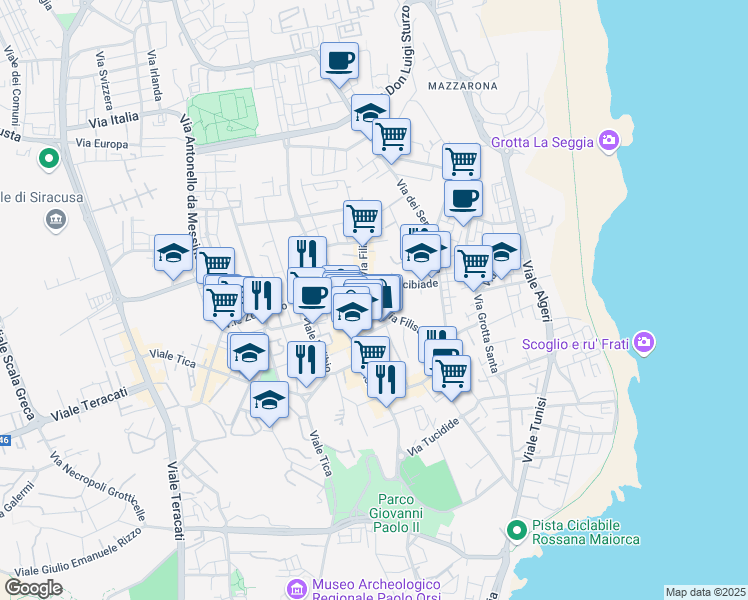 map of restaurants, bars, coffee shops, grocery stores, and more near 28 Via Pitia in Siracusa