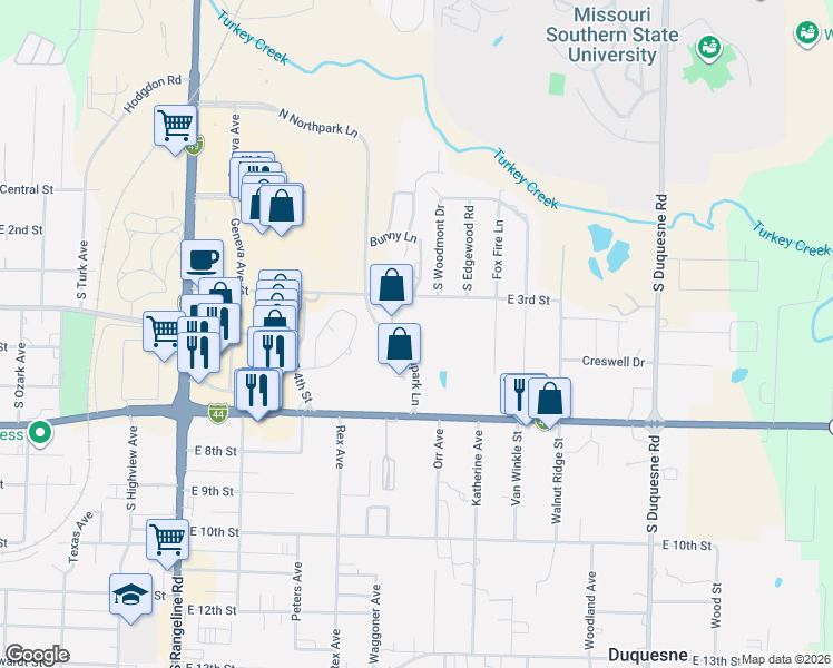 map of restaurants, bars, coffee shops, grocery stores, and more near 415 South Northpark Lane in Joplin