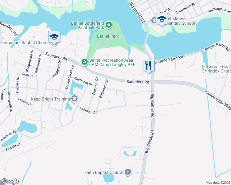 map of restaurants, bars, coffee shops, grocery stores, and more near 6 Ridgemont Circle in Hampton