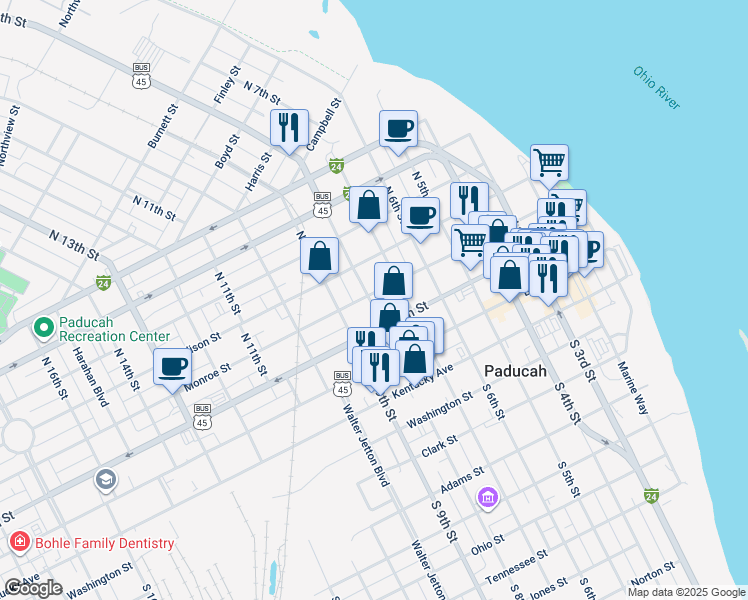 map of restaurants, bars, coffee shops, grocery stores, and more near 717 Jefferson St in Paducah