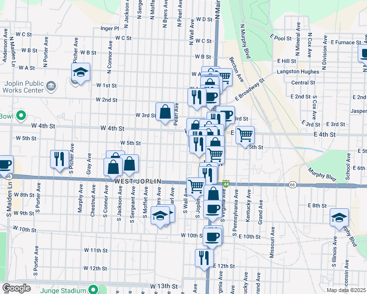 map of restaurants, bars, coffee shops, grocery stores, and more near 509 Pearl Avenue in Joplin