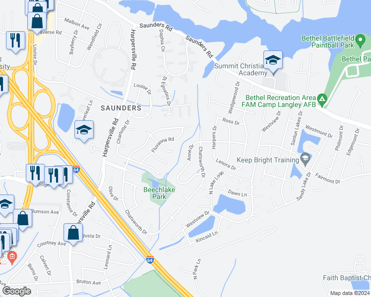 map of restaurants, bars, coffee shops, grocery stores, and more near 245 Anne Drive in Newport News