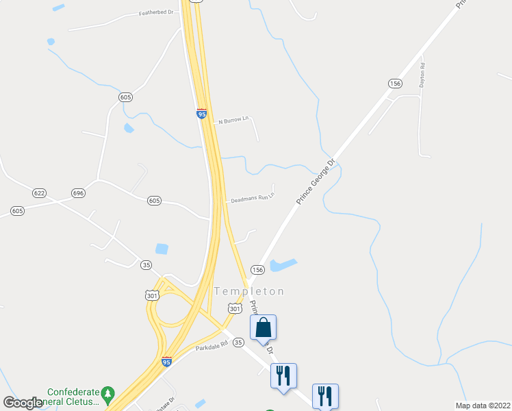 map of restaurants, bars, coffee shops, grocery stores, and more near 16411 South Crater Road in Petersburg