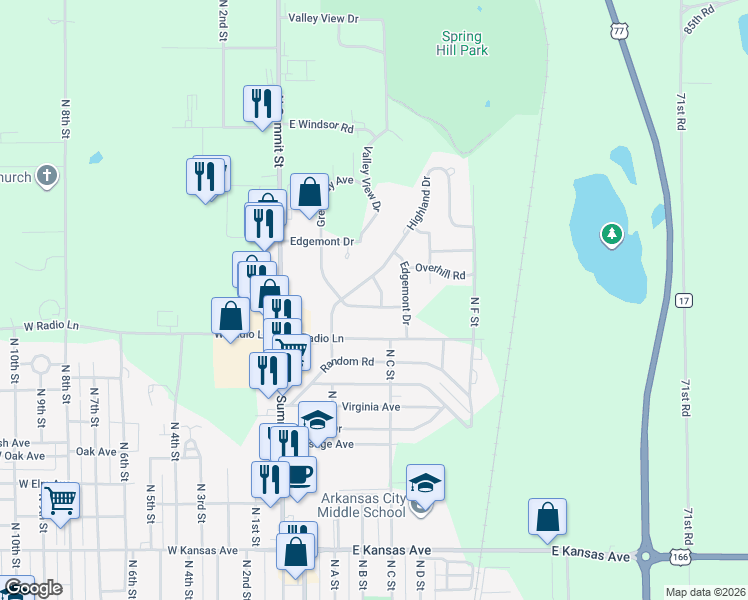map of restaurants, bars, coffee shops, grocery stores, and more near 229 Greenway Road in Arkansas City