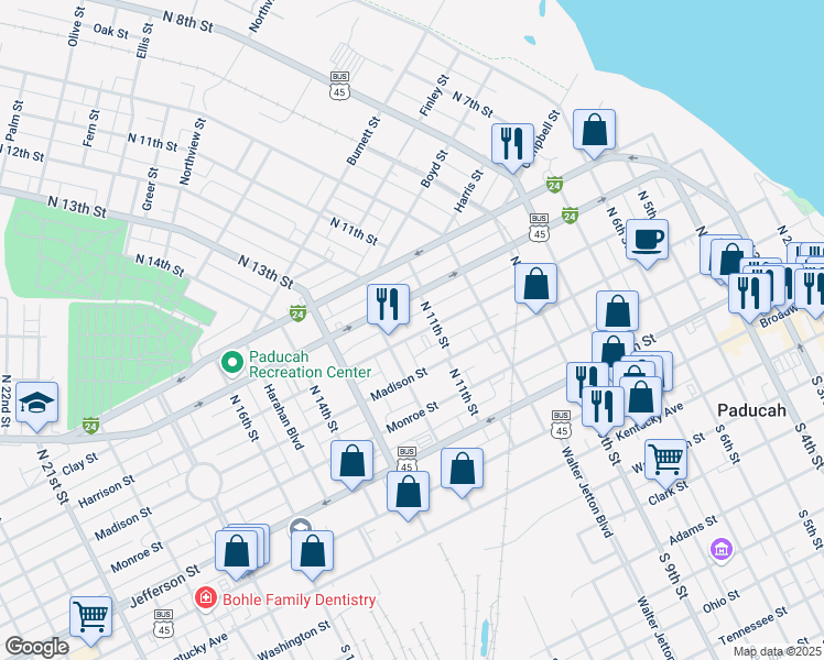 map of restaurants, bars, coffee shops, grocery stores, and more near 1152-1198 Harrison Street in Paducah