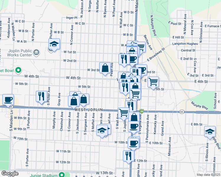 map of restaurants, bars, coffee shops, grocery stores, and more near 509 Pearl Avenue in Joplin