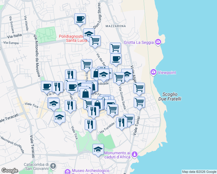 map of restaurants, bars, coffee shops, grocery stores, and more near Via dei Servi di Maria in Syracuse