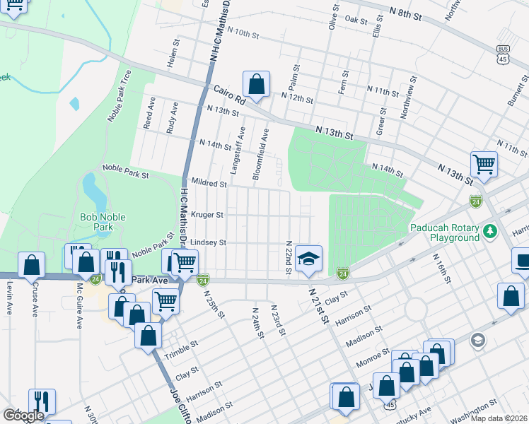 map of restaurants, bars, coffee shops, grocery stores, and more near 800-898 N 24th St in Paducah