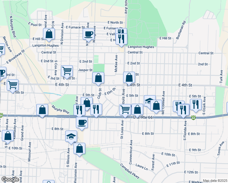 map of restaurants, bars, coffee shops, grocery stores, and more near 1501 East 6th Street in Joplin