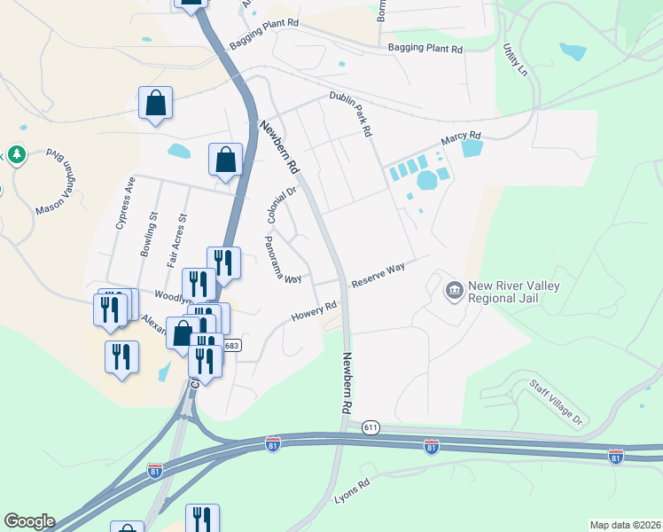 map of restaurants, bars, coffee shops, grocery stores, and more near 5165 Newbern Road in Dublin