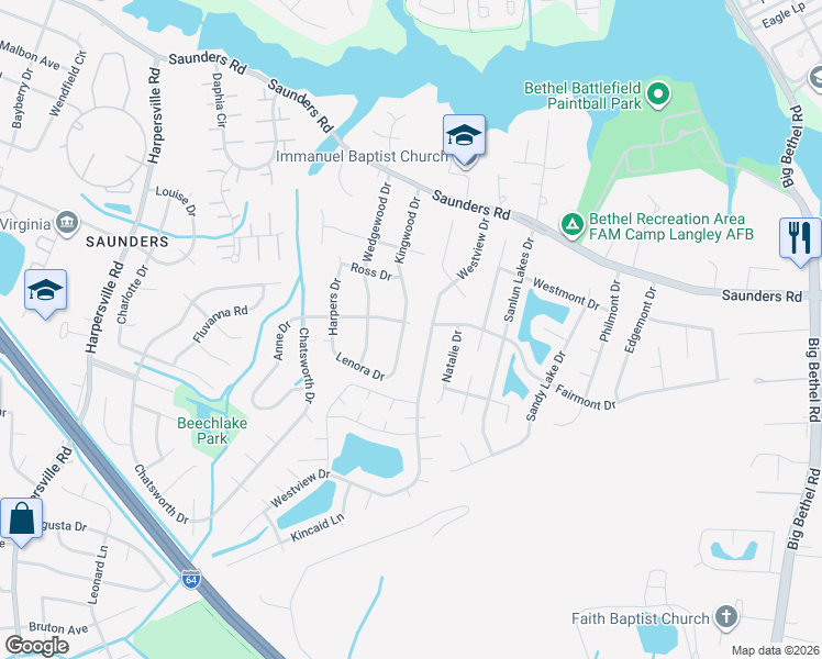 map of restaurants, bars, coffee shops, grocery stores, and more near 48 Westview Drive in Hampton